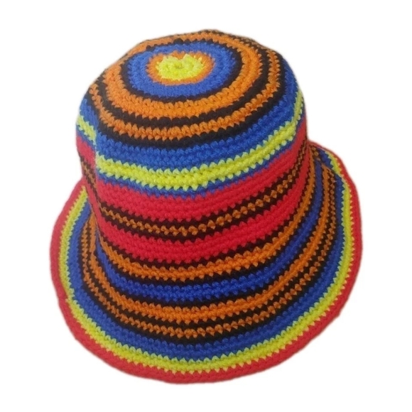Boho Hippie Crochet Rainbow Striped Bucket Hat Adult One Size Handmade Festival - Picture 8 of 8